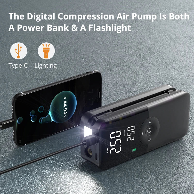 CARSUN Cordless Tire Inflator – 94 PSI, Digital Display, Rechargeable with Power Bank Function