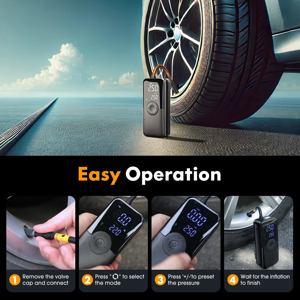 CARSUN Cordless Tire Inflator – 94 PSI, Digital Display, Rechargeable with Power Bank Function