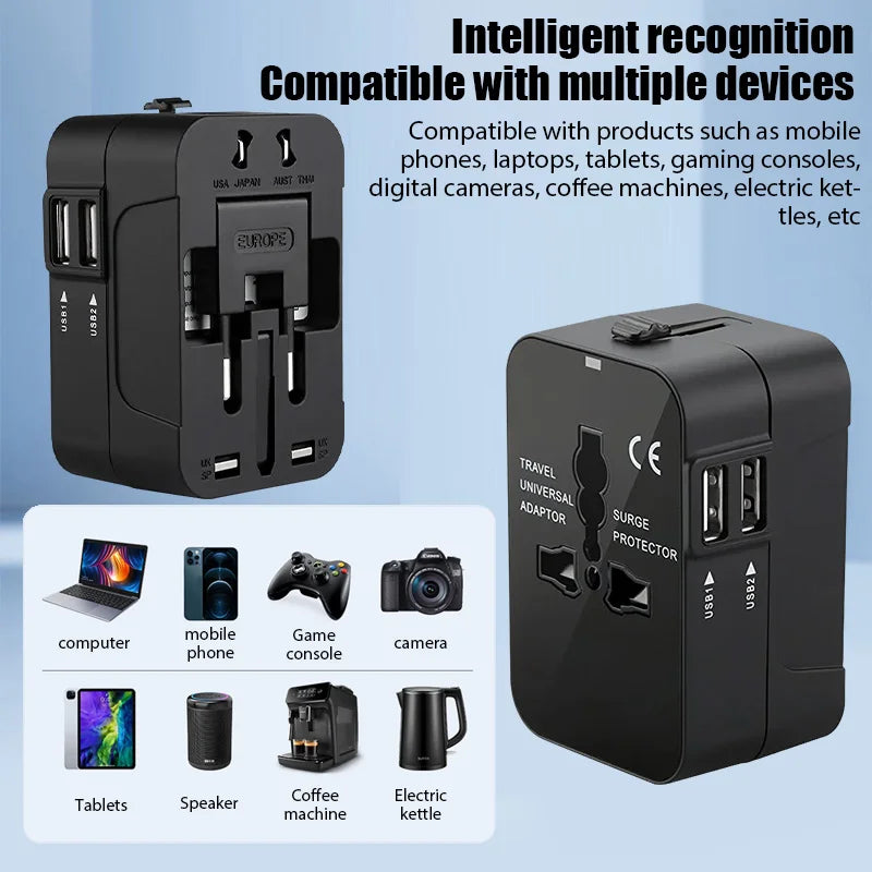 Universal Travel Adapter – Dual USB, 1200W, EU/UK/US/AU Plug Converter
