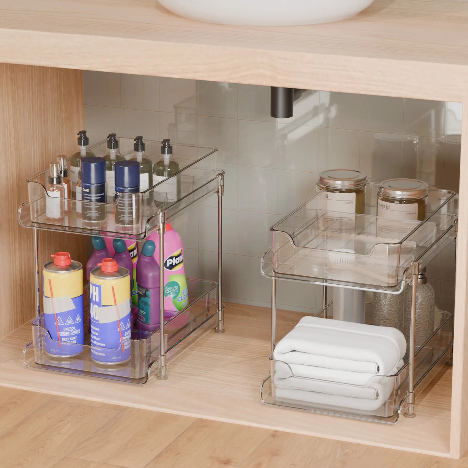 2-Tier Under-Sink Organizer – Sliding Acrylic Cabinet Basket for Kitchen & Bathroom