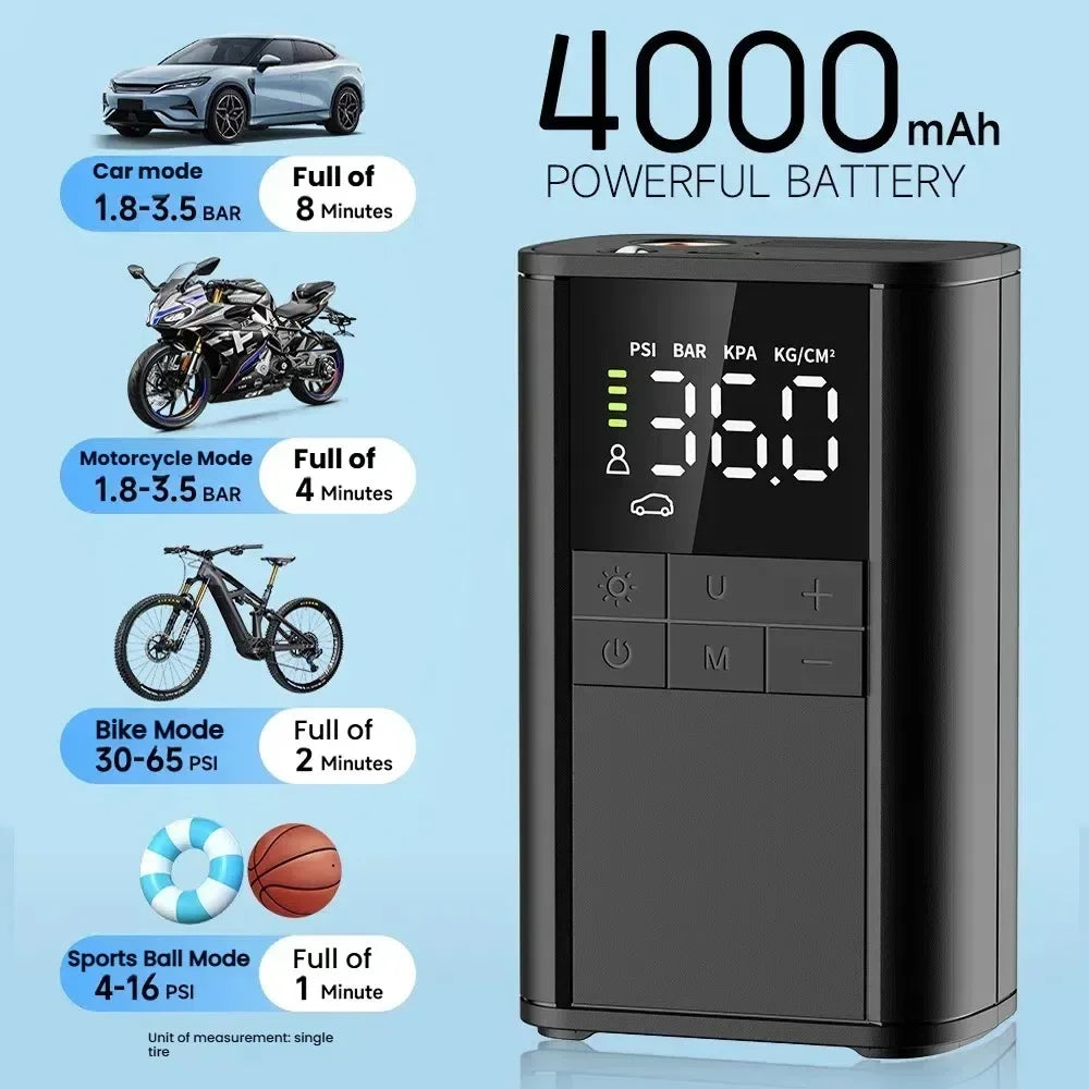 Cordless Tire Inflator – 150 PSI, 5 Smart Modes, Auto-Stop, Digital Gauge & LED Light