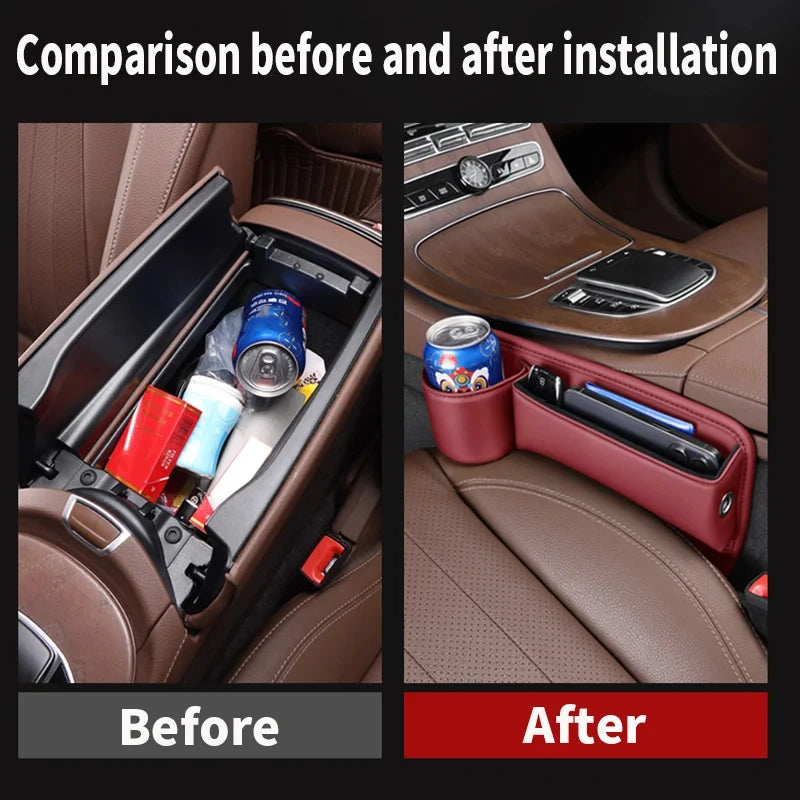 PU Leather Car Console Crevice Storage Box – Seat Gap Organizer with Cup Holder