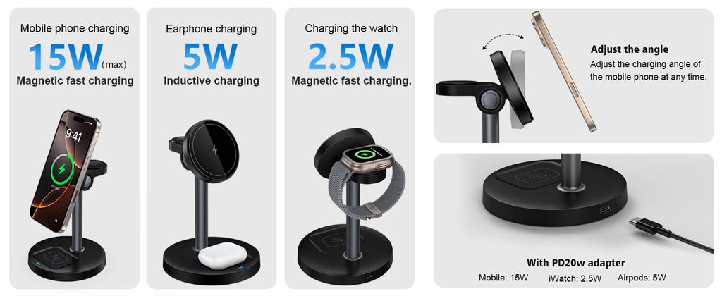 3-in-1 Magnetic Wireless Charging Station – iPhone, Apple Watch & AirPods, 15W Fast Charge