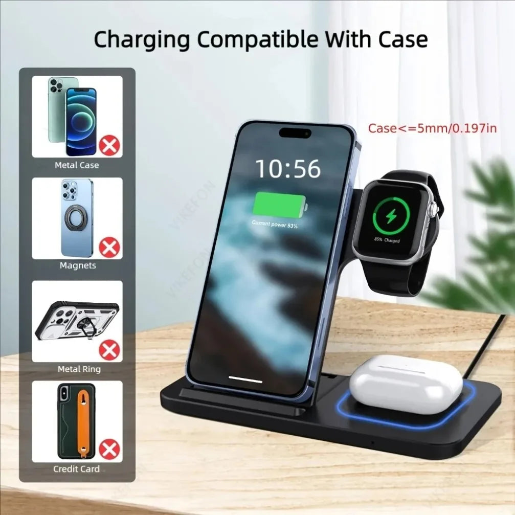 Foldable 3-in-1 Wireless Charging Station – iPhone, Apple Watch & AirPods, 15W Fast Charge