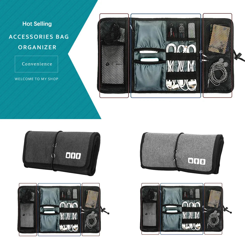 Roll-Up Electronics Organizer Pouch – Travel Cable, Charger & Accessories Carry Case