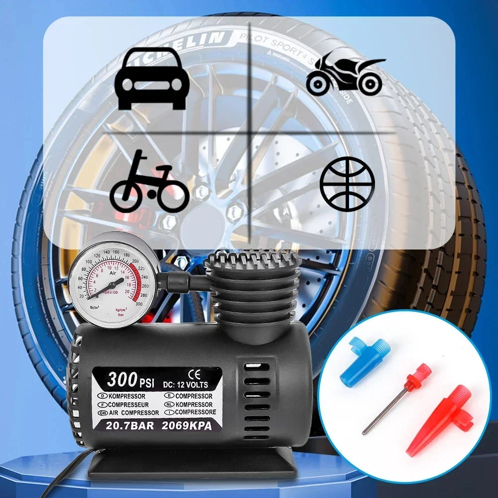 Portable 12V Car Air Compressor – 300 PSI Mini Tire Inflator with Pressure Gauge for Cars, Bikes & Balls