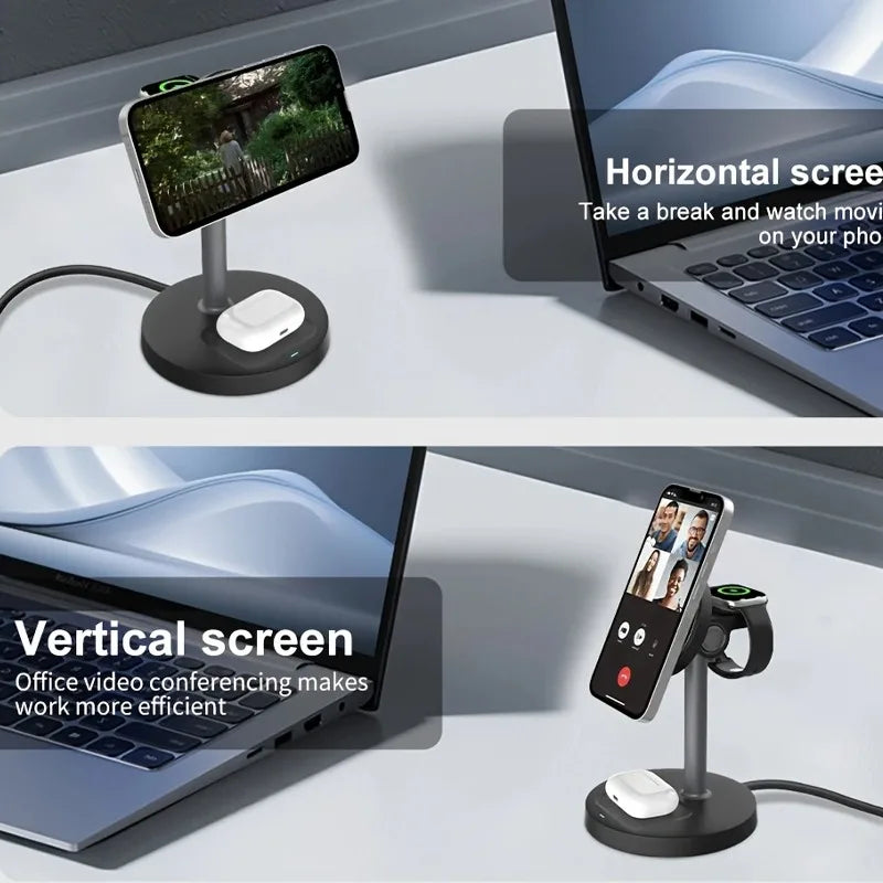 3-in-1 Magnetic Wireless Charger Stand – Adjustable, 15W, iPhone, Apple Watch & AirPods