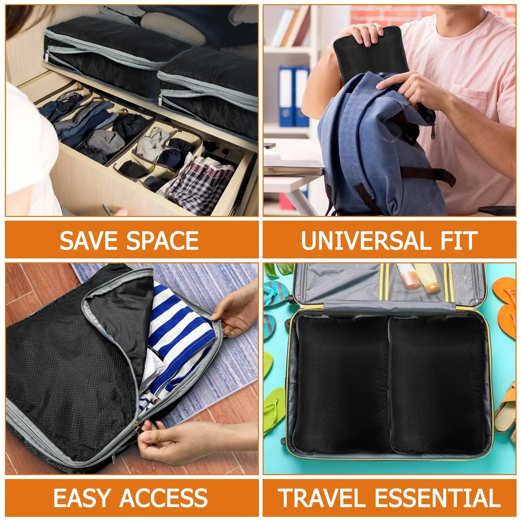 4-Piece Compression Packing Cubes Set – Waterproof Travel Luggage Organizers (S/M/L/XL)