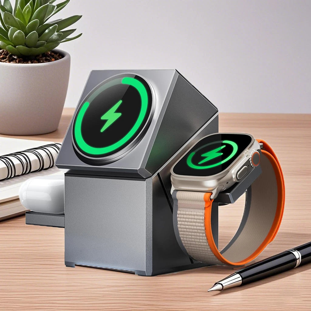 Portable 3-in-1 Wireless Charging Station – 30W Fast Charge, iPhone, Watch & AirPods