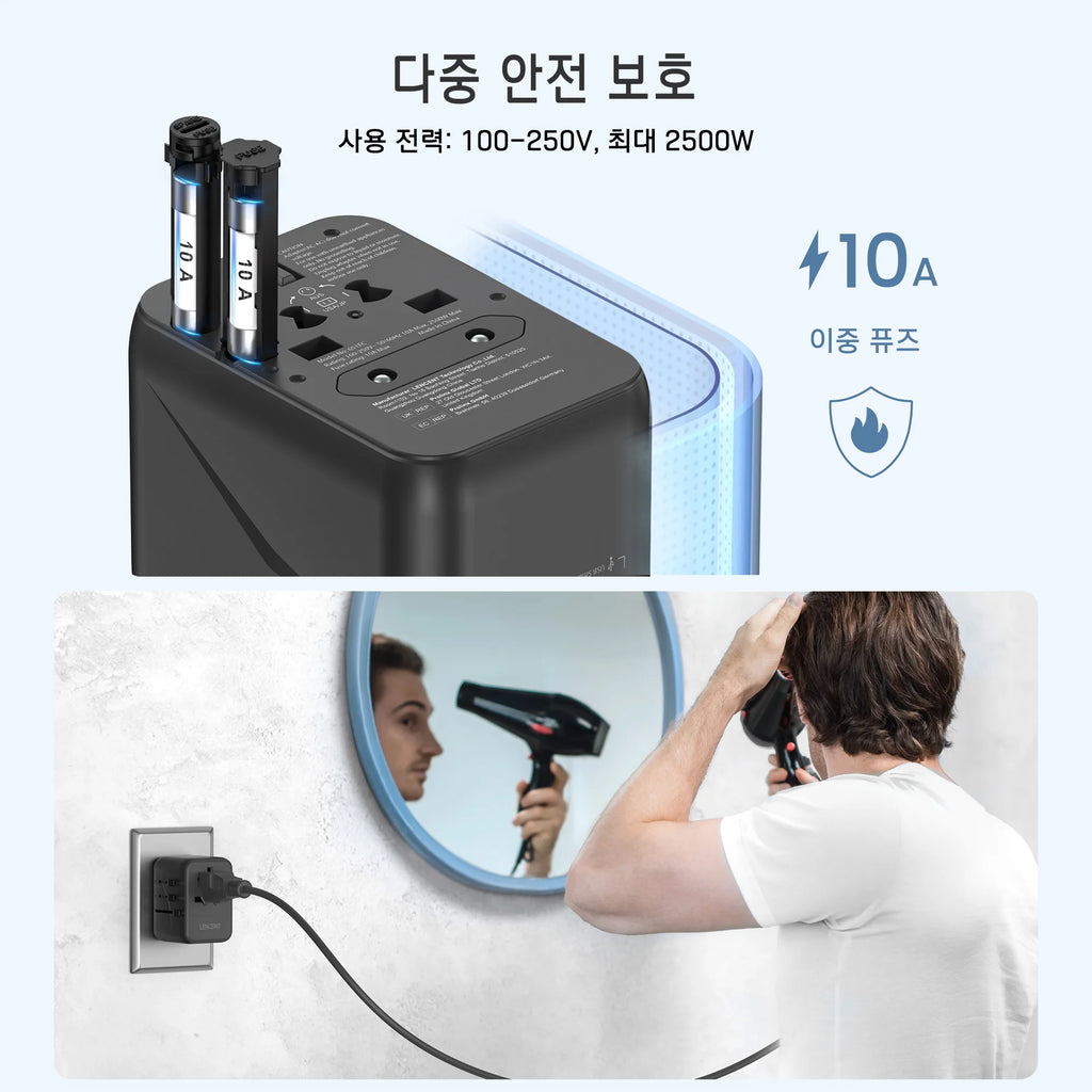 LENCENT Universal Travel Adapter – 3 USB + USB-C PD, All-in-One EU/UK/USA/AUS Plug