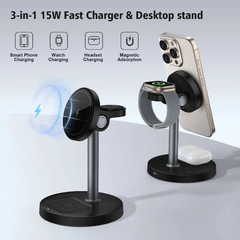 3-in-1 Magnetic Wireless Charging Station – iPhone, Apple Watch & AirPods, 15W Fast Charge