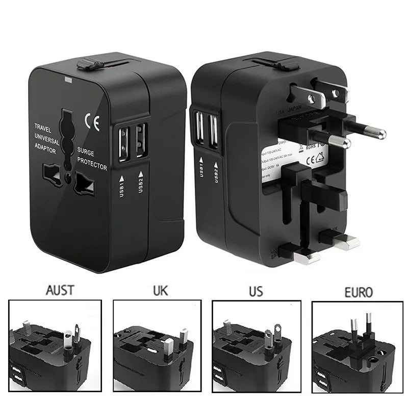 Universal Travel Adapter – Dual USB, 1200W, EU/UK/US/AU Plug Converter