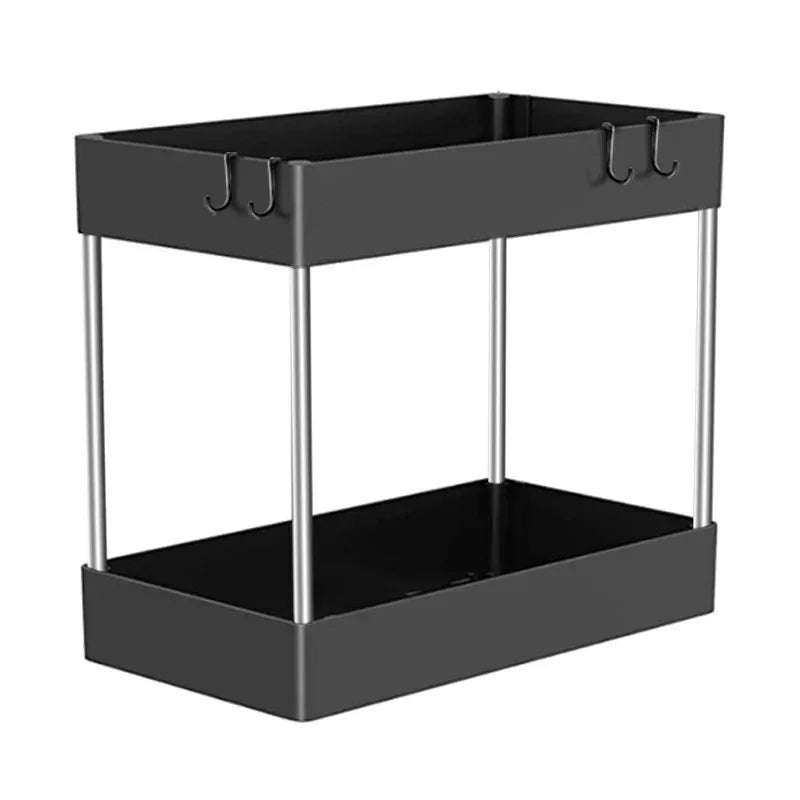 2-Tier Under-Sink Storage Rack with Hooks – Multipurpose Cabinet Organizer for Kitchen & Bathroom