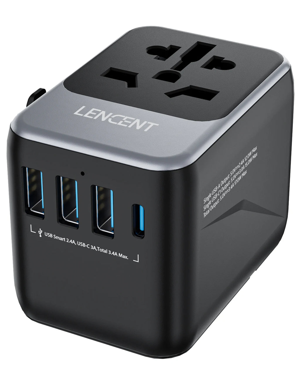 LENCENT Universal Travel Adapter – 3 USB + USB-C PD, All-in-One EU/UK/USA/AUS Plug
