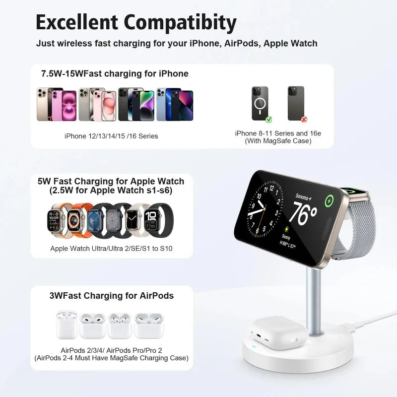 3-in-1 Magnetic Wireless Charging Station – iPhone, Apple Watch & AirPods, 15W Fast Charge