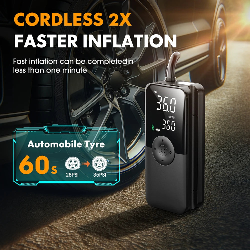 CARSUN Cordless Tire Inflator – 94 PSI, Digital Display, Rechargeable with Power Bank Function