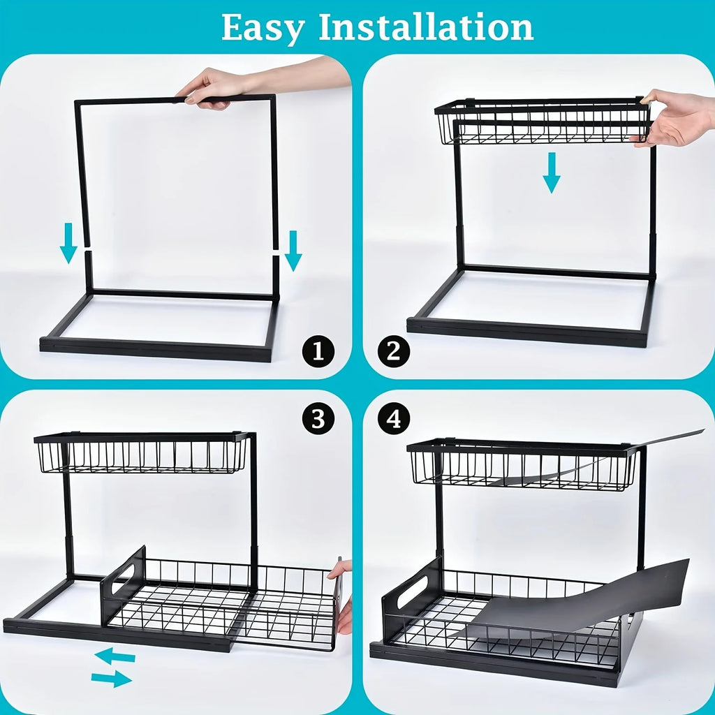 Pull-Out Under-Sink Organizer – 2-Tier Slide-Out Metal Shelf for Cabinet Storage