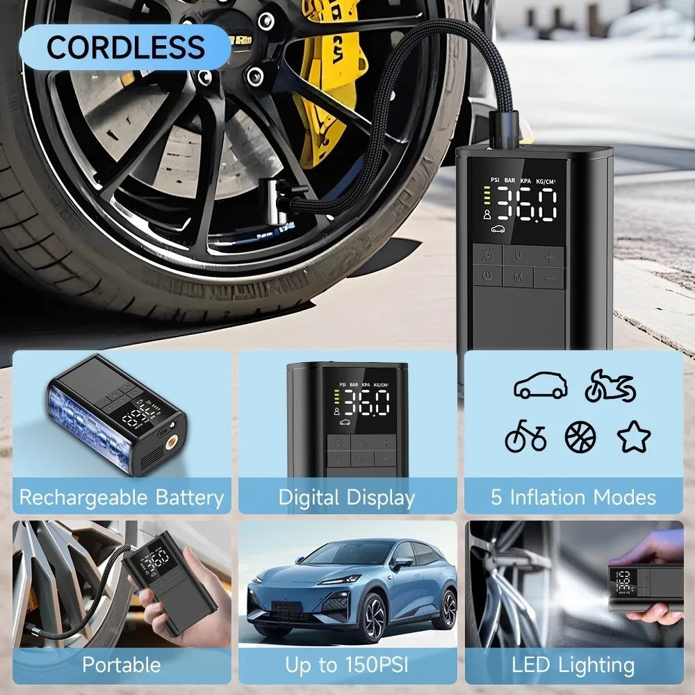 Cordless Tire Inflator – 150 PSI, 5 Smart Modes, Auto-Stop, Digital Gauge & LED Light