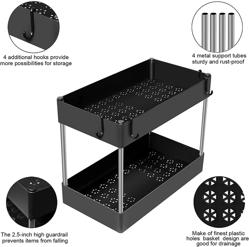 2-Tier Under-Sink Storage Rack with Hooks – Multipurpose Cabinet Organizer for Kitchen & Bathroom