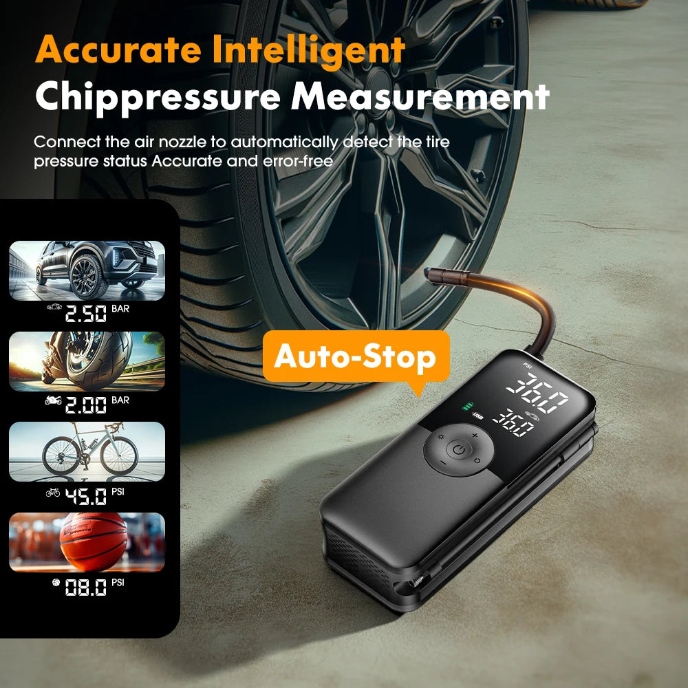 CARSUN Cordless Tire Inflator – 94 PSI, Digital Display, Rechargeable with Power Bank Function