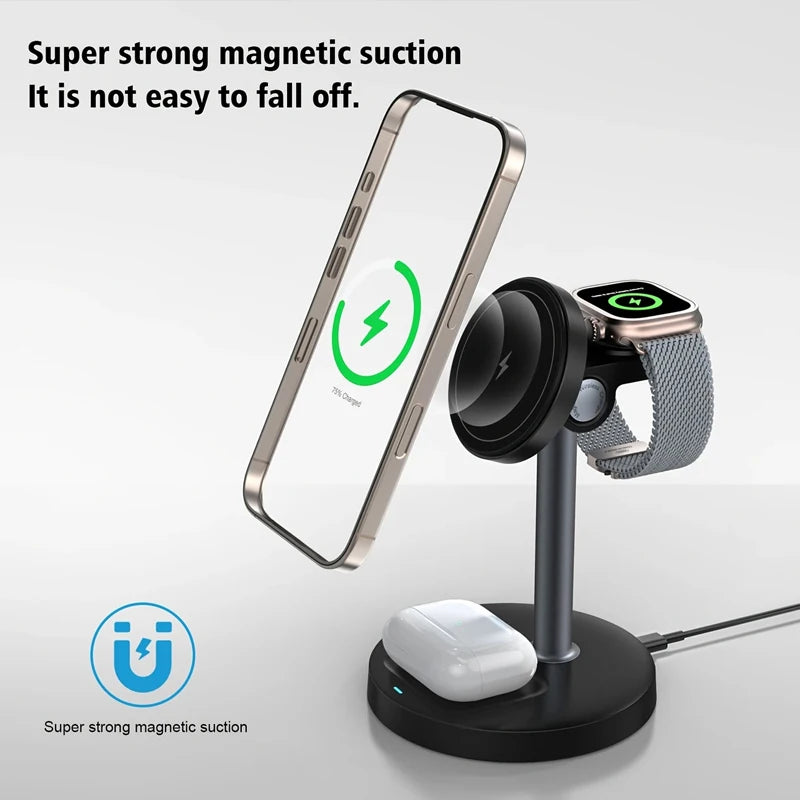 3-in-1 Magnetic Wireless Charger Stand – Adjustable, 15W, iPhone, Apple Watch & AirPods