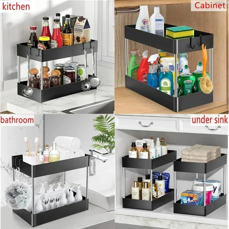 2-Tier Under-Sink Storage Rack with Hooks – Multipurpose Cabinet Organizer for Kitchen & Bathroom