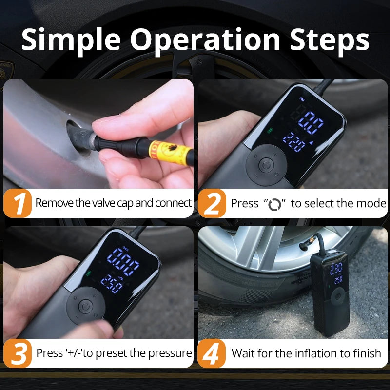 CARSUN Cordless Tire Inflator – 94 PSI, Digital Display, Rechargeable with Power Bank Function