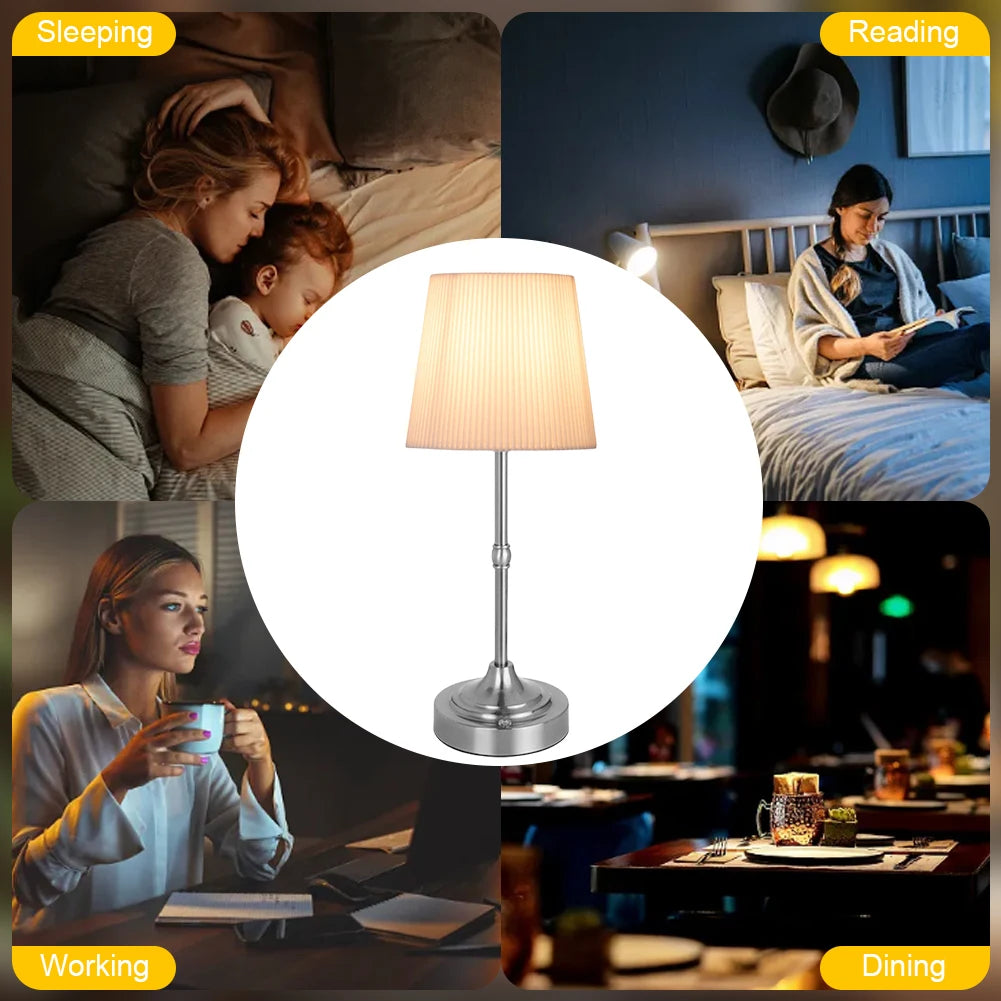 Cordless LED Metal Table Lamp – USB Rechargeable, 2200K Warm Light, Fabric Shade