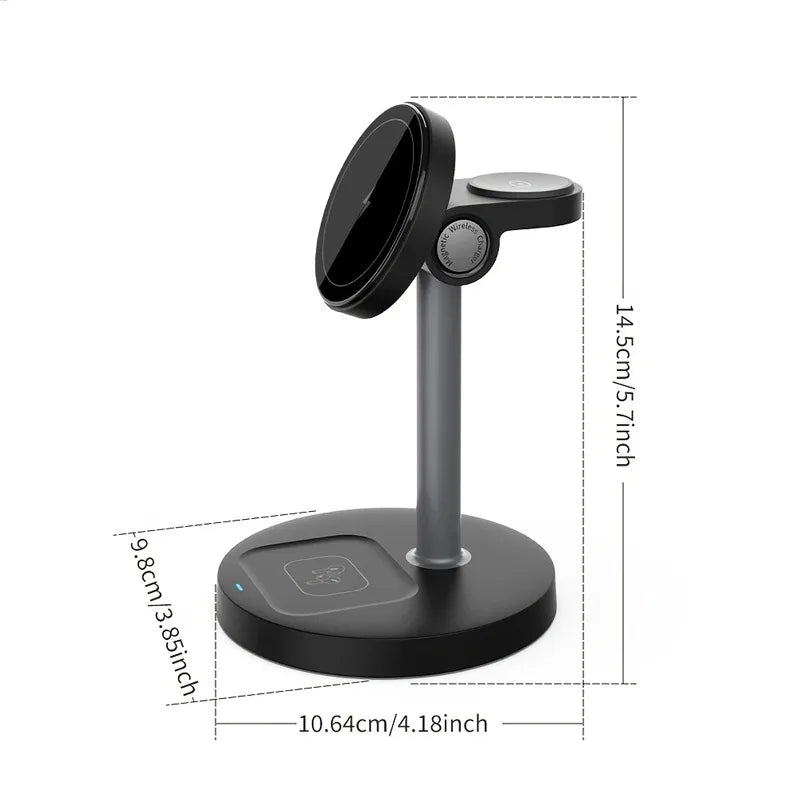 3-in-1 Magnetic Wireless Charger Stand – Adjustable, 15W, iPhone, Apple Watch & AirPods