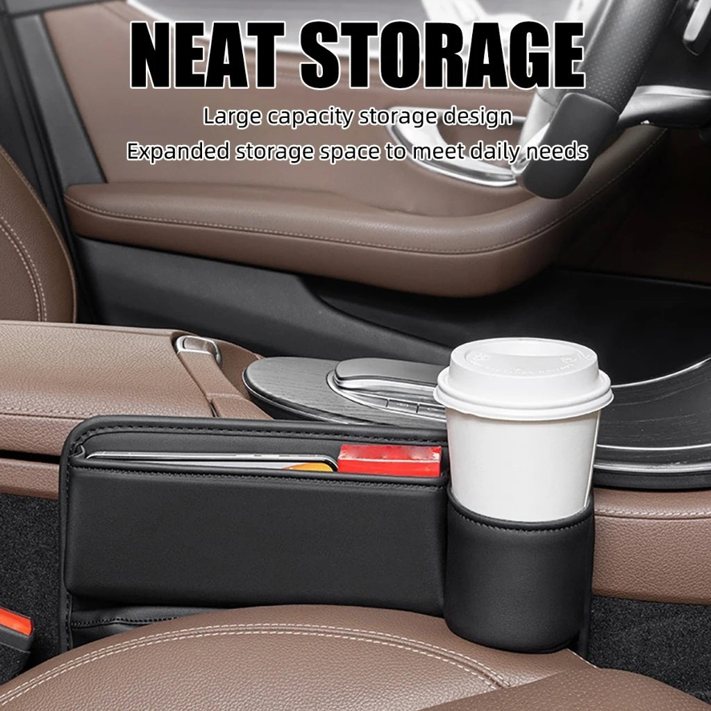 PU Leather Car Console Crevice Storage Box – Seat Gap Organizer with Cup Holder