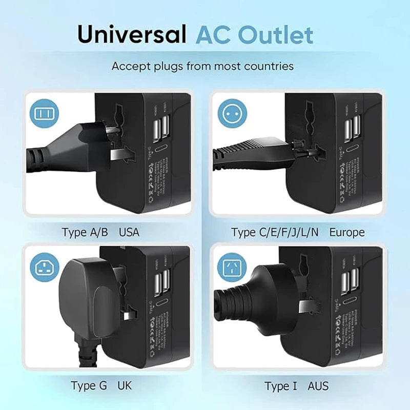 Universal Travel Adapter – Dual USB or USB-C, 150+ Countries, EU/UK/US/AU Plug