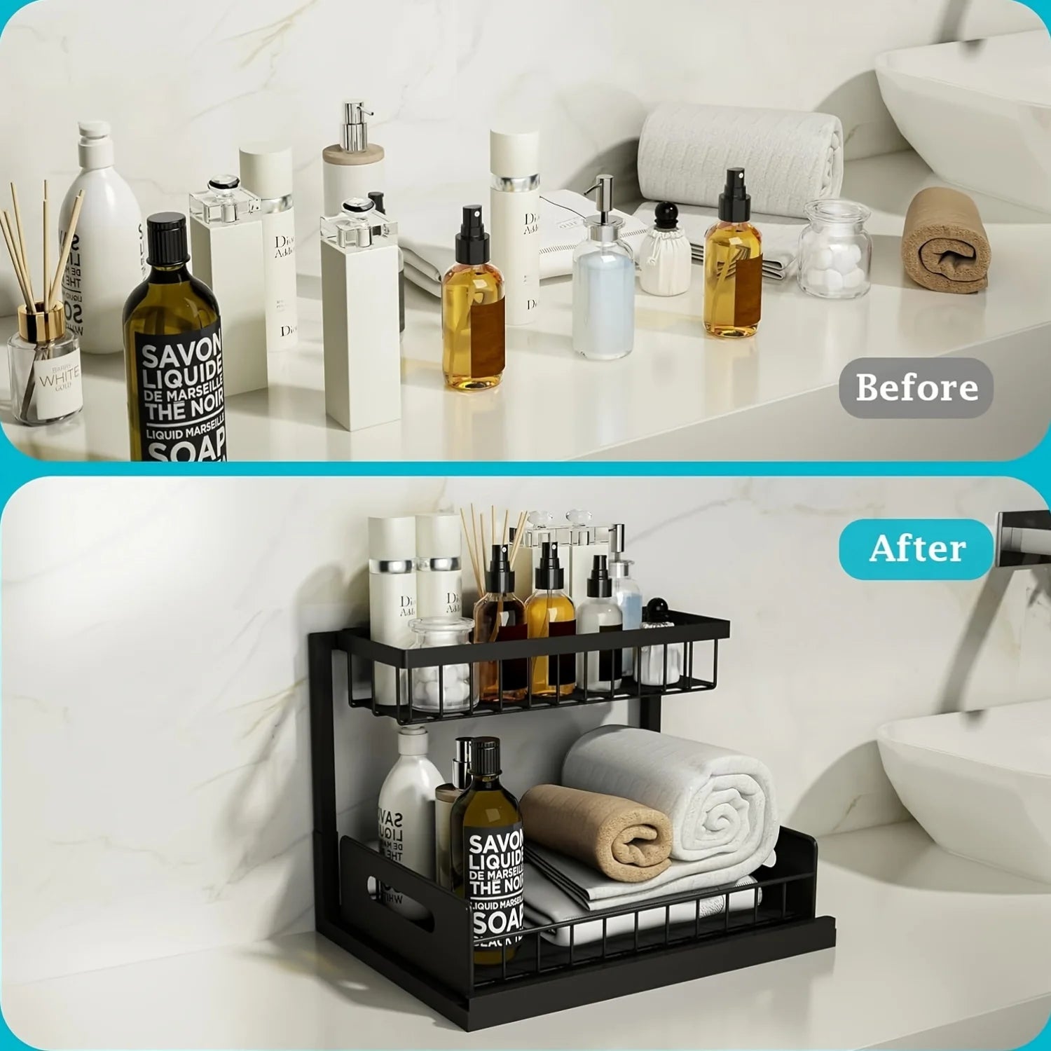 Pull-Out Under-Sink Organizer – 2-Tier Slide-Out Metal Shelf for Cabinet Storage