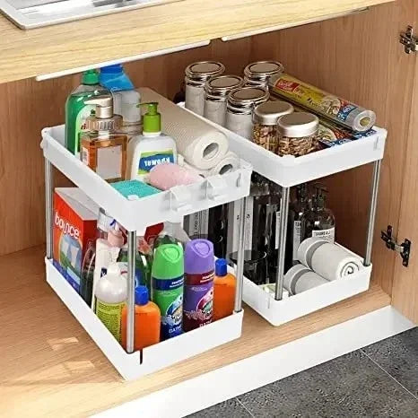2-Tier Under-Sink Storage Rack with Hooks – Multipurpose Cabinet Organizer for Kitchen & Bathroom