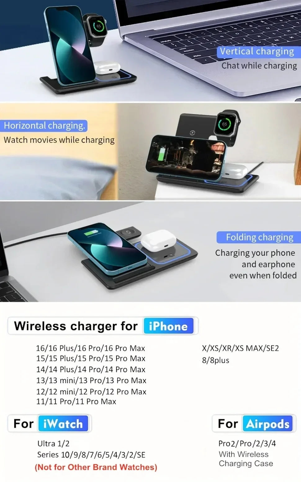Foldable 3-in-1 Wireless Charging Station – iPhone, Apple Watch & AirPods, 15W Fast Charge