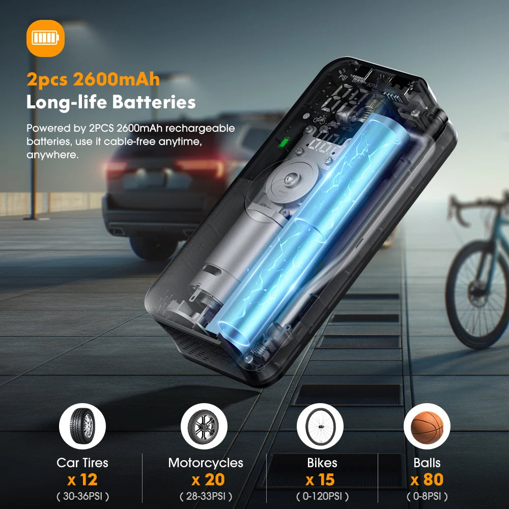 CARSUN Cordless Tire Inflator – 94 PSI, Digital Display, Rechargeable with Power Bank Function