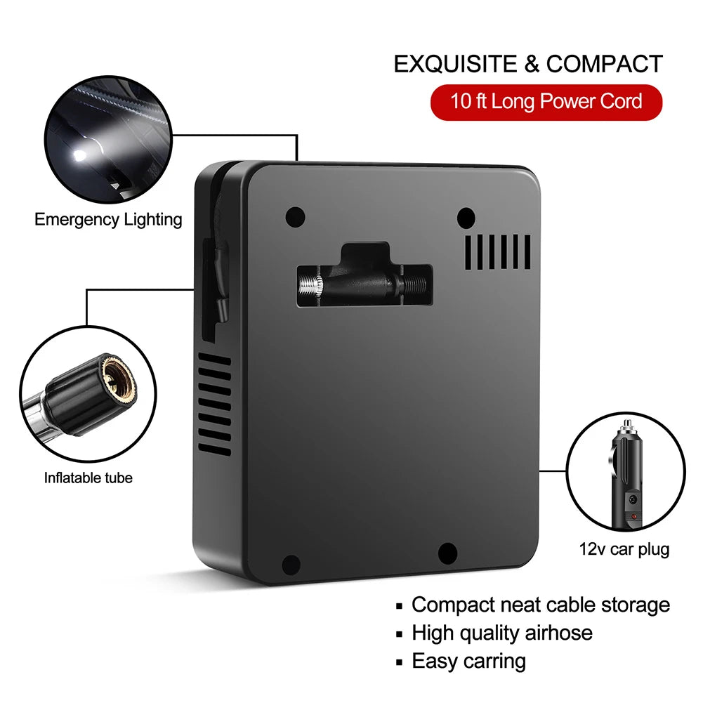 12V Portable Tire Inflator with LED Flashlight – 100 PSI Air Pump for Cars, Bikes & Sports