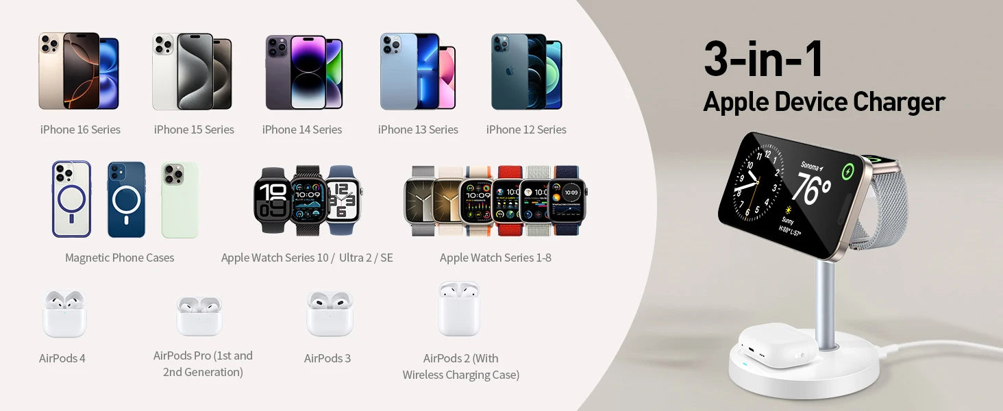 3-in-1 Magnetic Wireless Charging Station – iPhone, Apple Watch & AirPods, 15W Fast Charge
