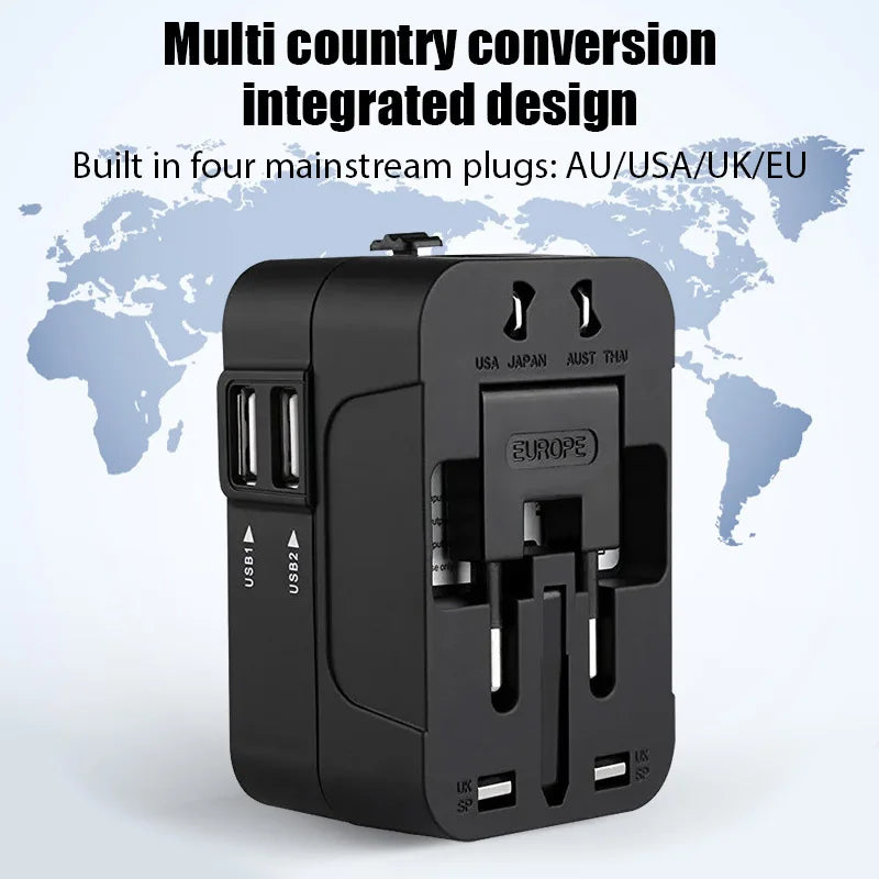 Universal Travel Adapter – Dual USB, 1200W, EU/UK/US/AU Plug Converter