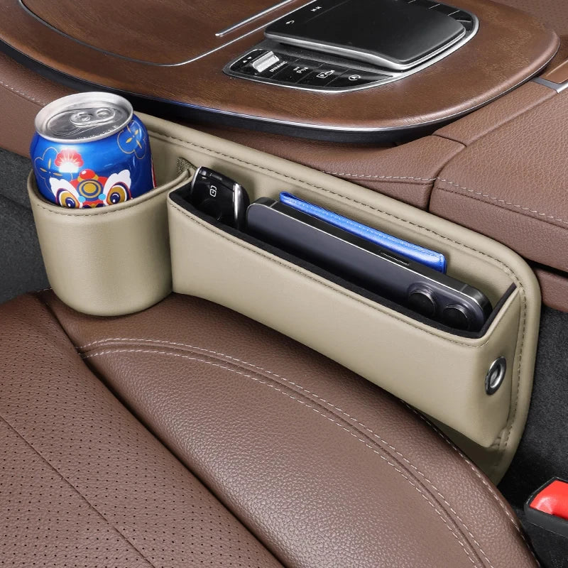 PU Leather Car Console Crevice Storage Box – Seat Gap Organizer with Cup Holder