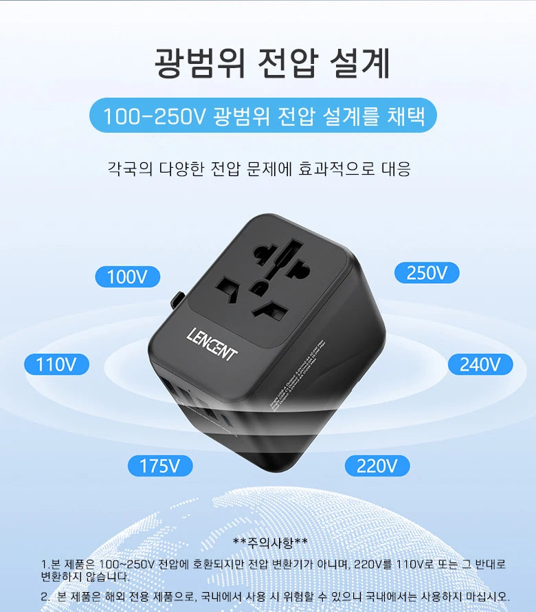 LENCENT Universal Travel Adapter – 3 USB + USB-C PD, All-in-One EU/UK/USA/AUS Plug