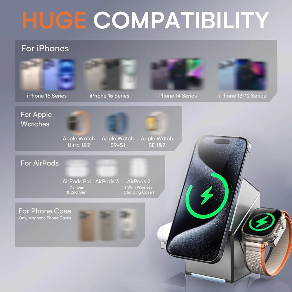 Portable 3-in-1 Wireless Charging Station – 30W Fast Charge, iPhone, Watch & AirPods