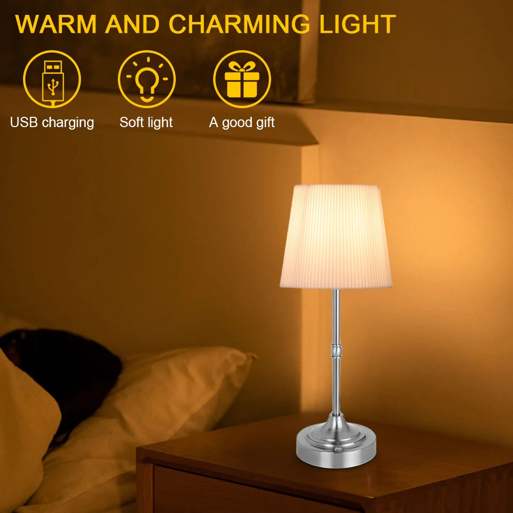 Cordless LED Metal Table Lamp – USB Rechargeable, 2200K Warm Light, Fabric Shade
