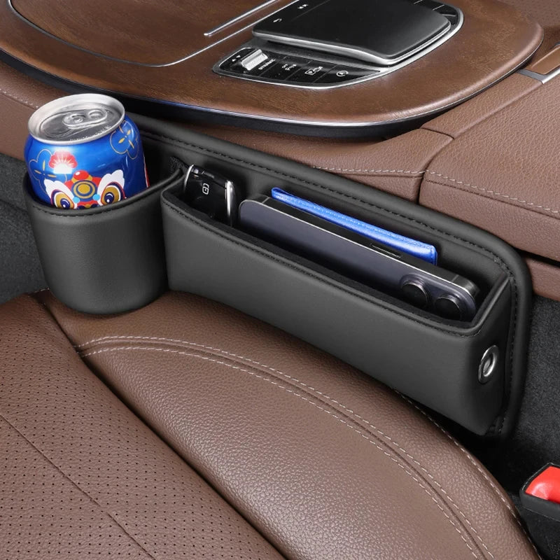 PU Leather Car Console Crevice Storage Box – Seat Gap Organizer with Cup Holder