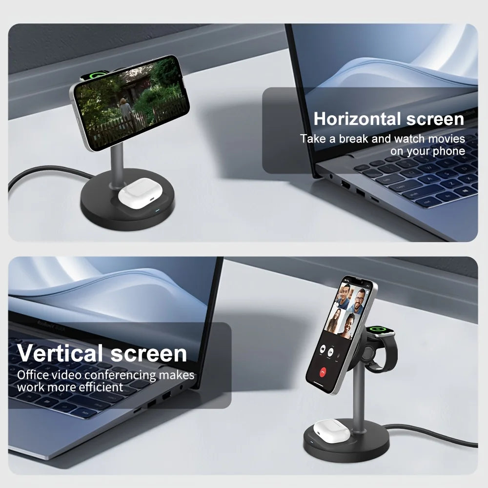3-in-1 Magnetic Wireless Charger Stand – Adjustable, 15W, iPhone, Apple Watch & AirPods